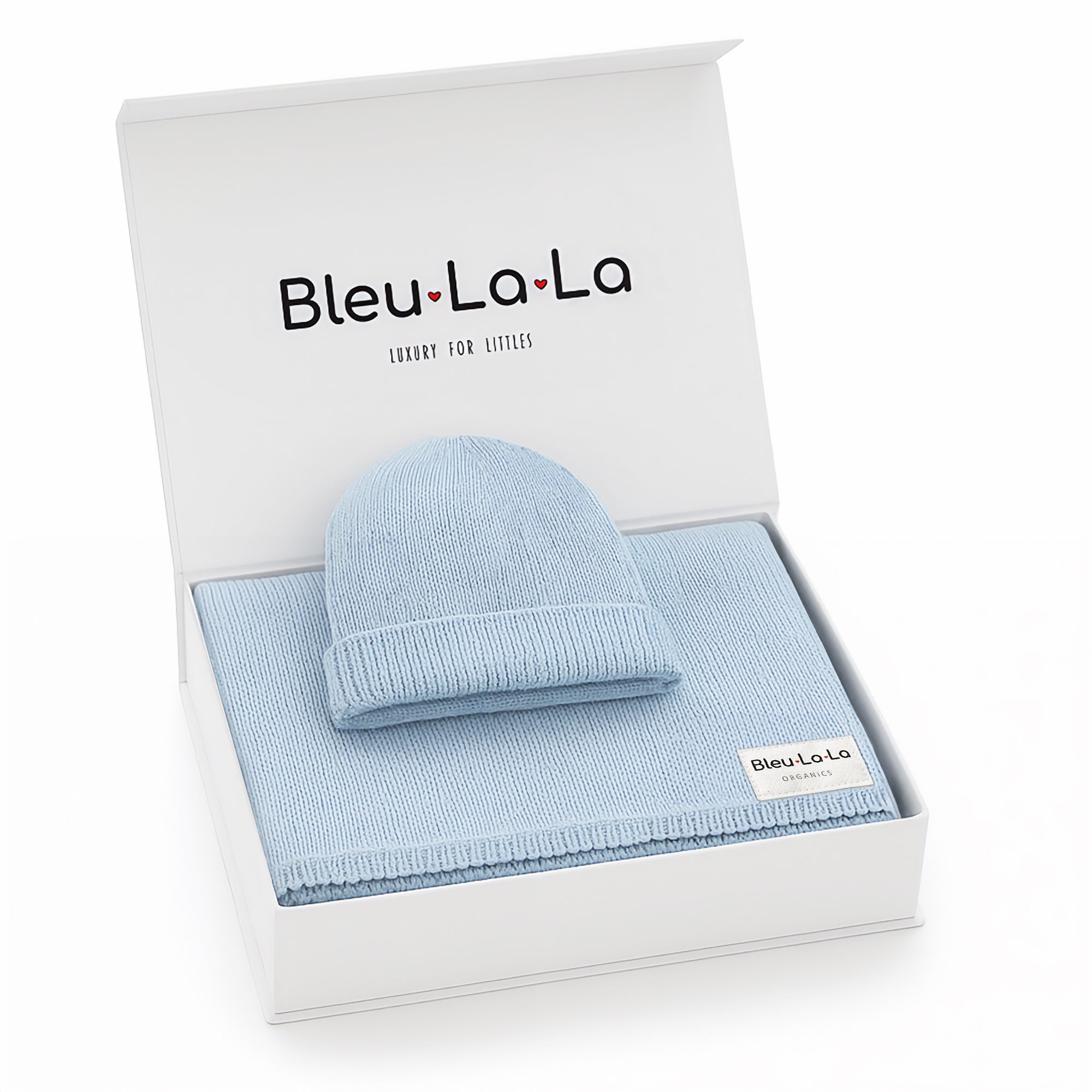 Organic Cotton Luxury Knit Baby Blanket + Hat Set with Gift Box