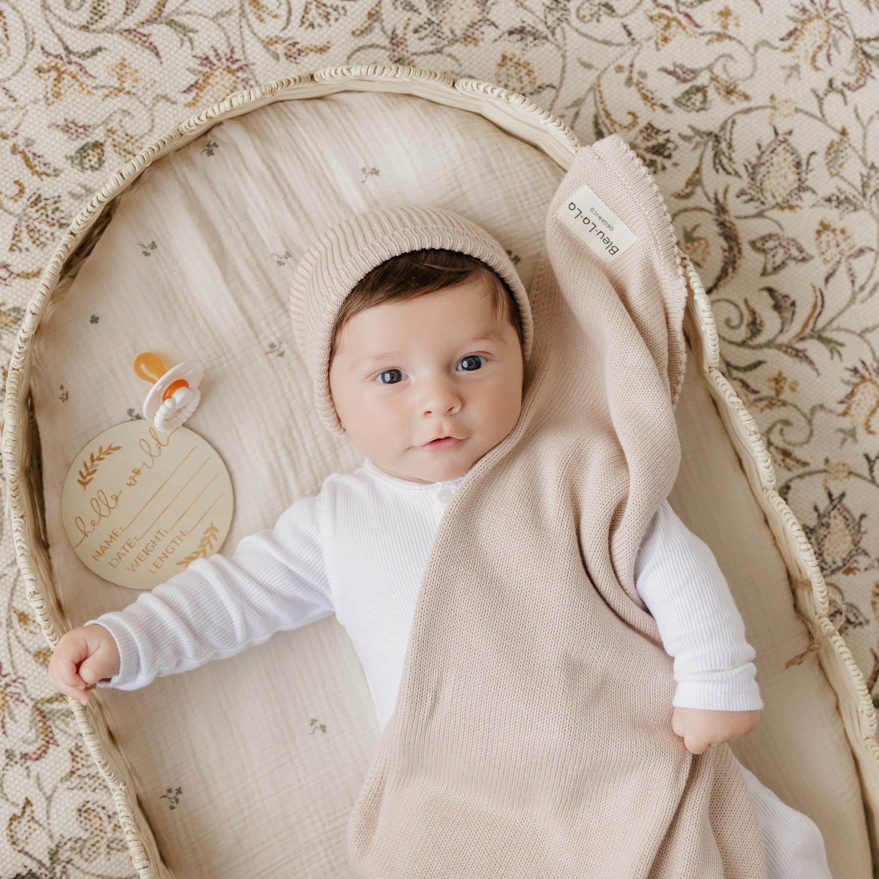Organic Cotton Luxury Knit Baby Blanket + Hat Set with Gift Box