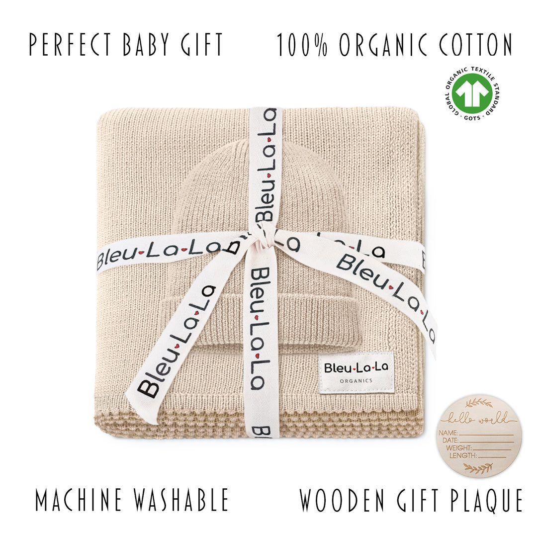 Organic Cotton Luxury Knit Baby Blanket + Hat Set with Gift Box