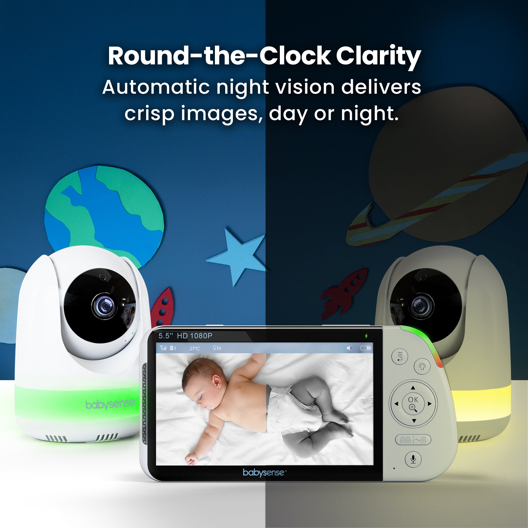 Video Baby Monitor with 2 Cameras (Non Wifi, Split Screen, Night Light & Sound Machine)