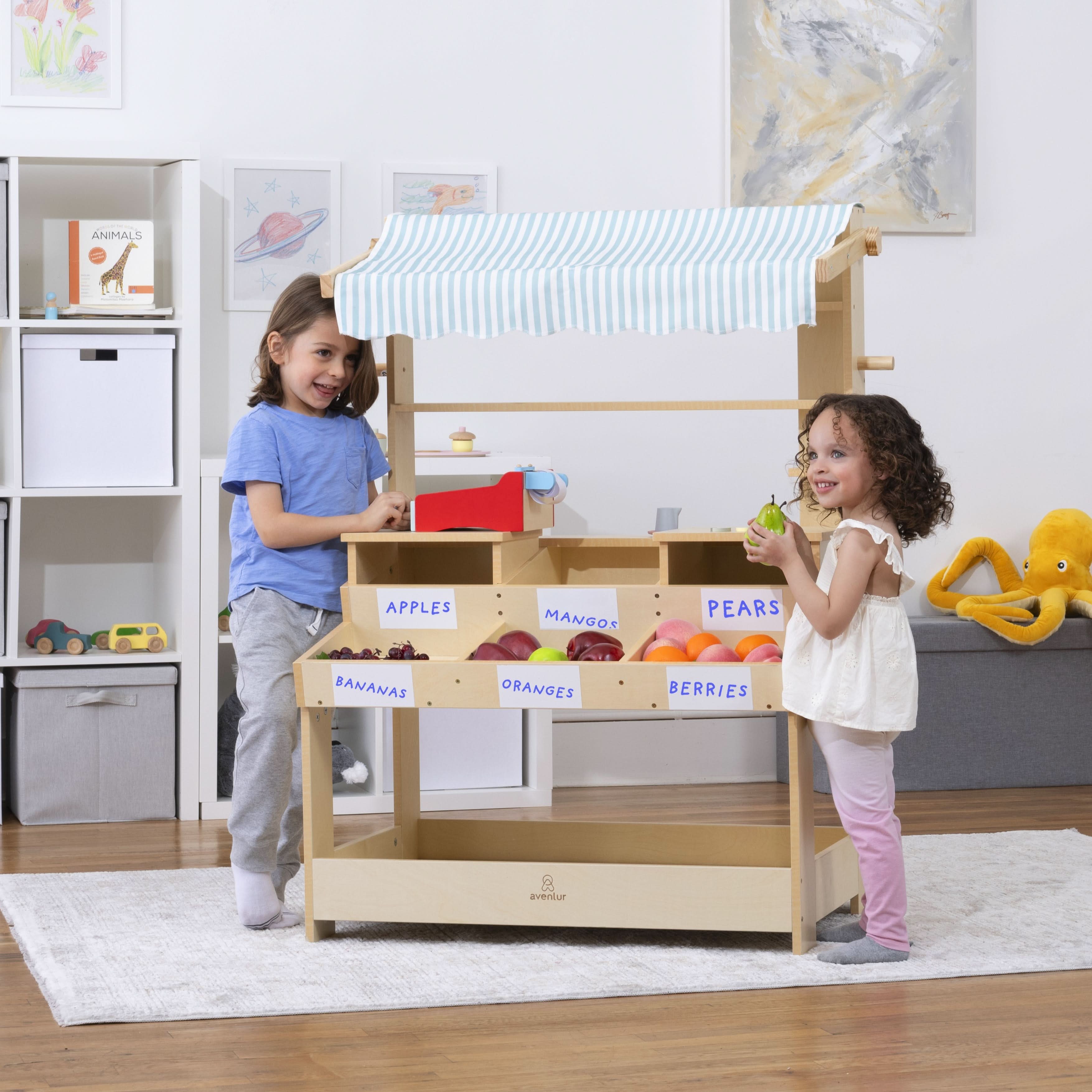 Cypress Wooden Market Stand – Pretend Play Shop for Kids with Storage