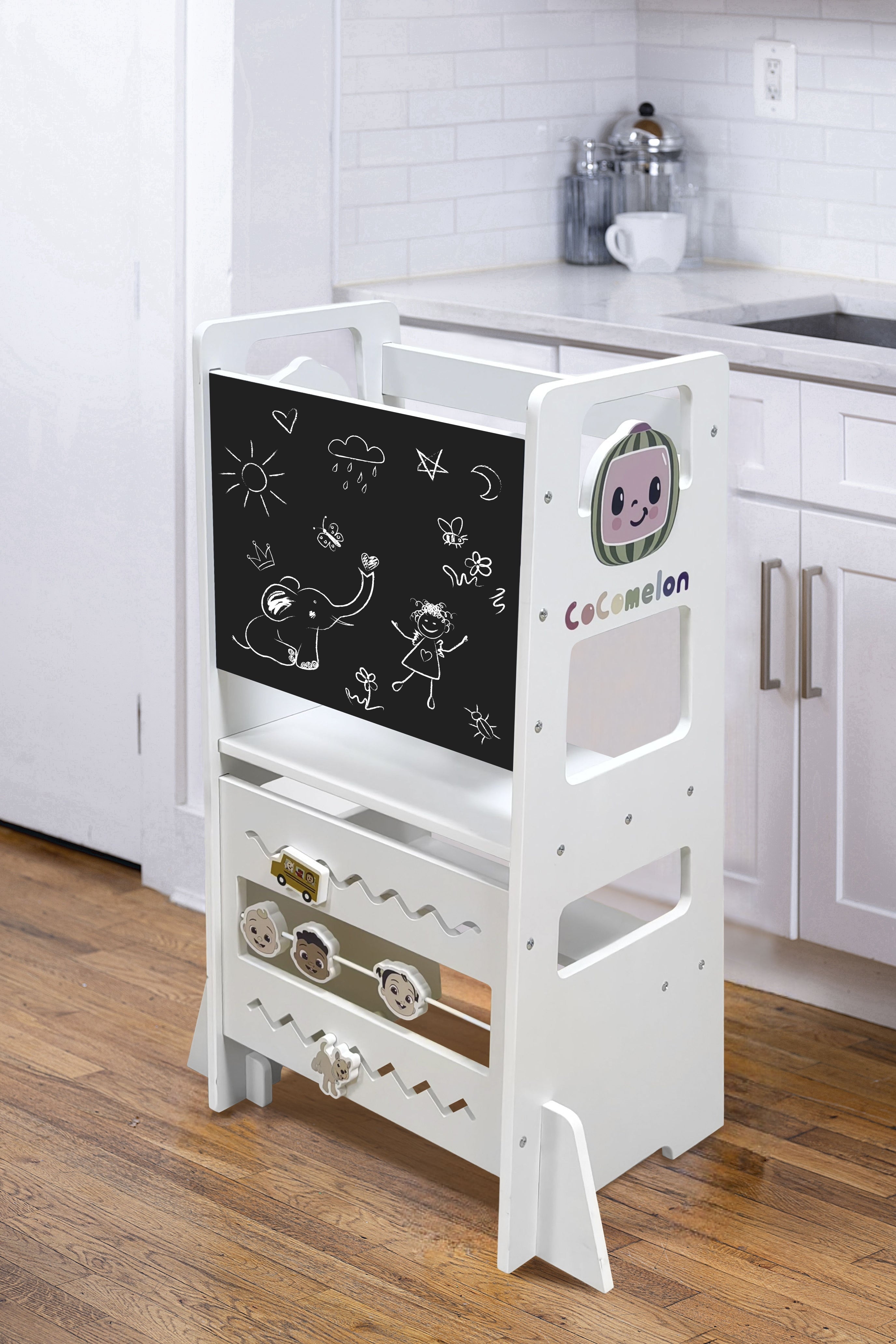 CocoMelon 3-in-1 Kitchen Tower for Kids – Step Stool & Chalkboard Learning Helper