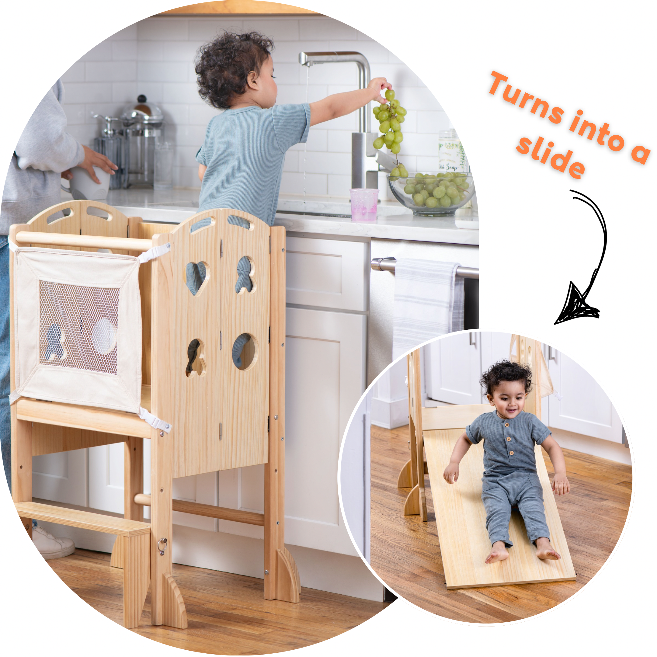 4-in-1 Foldable Kitchen Tower, Step Stool, Slide & Chalkboard for Toddlers