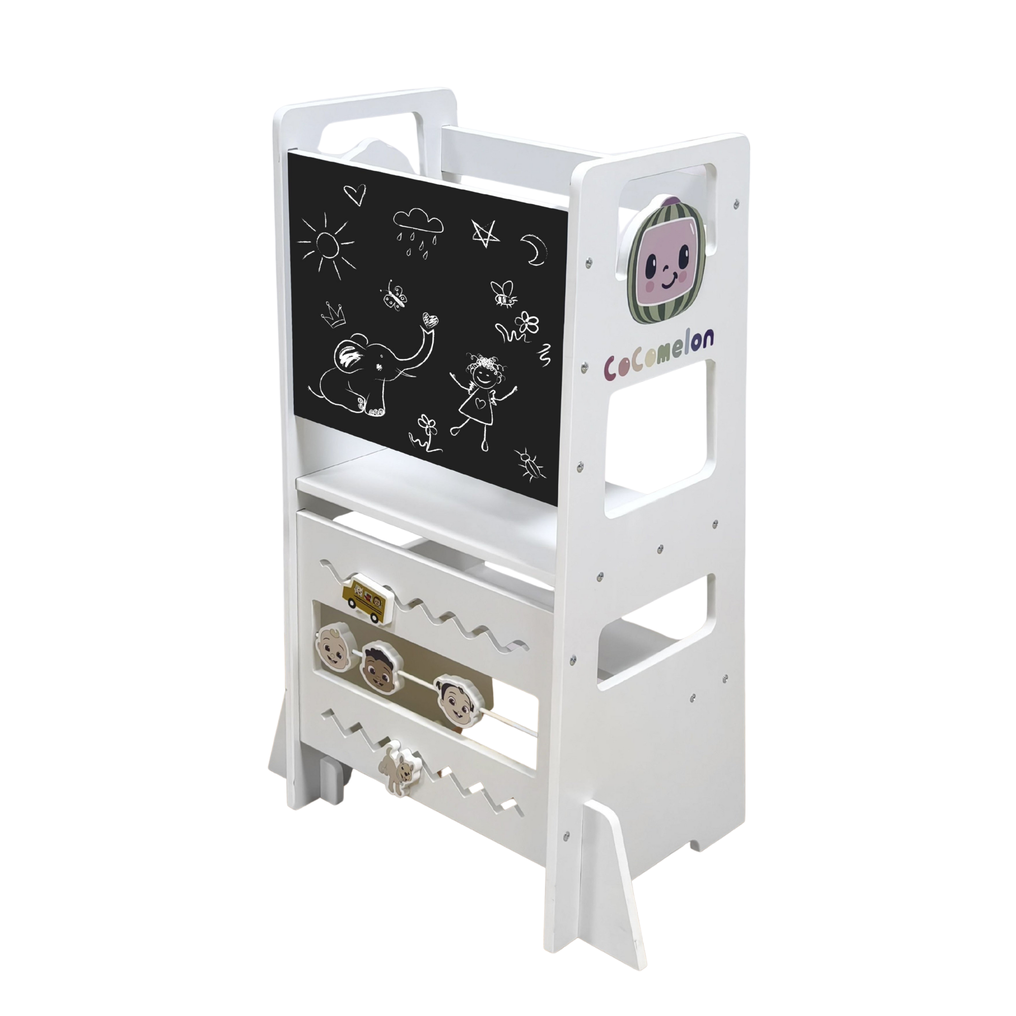 CocoMelon 3-in-1 Kitchen Tower for Kids – Step Stool & Chalkboard Learning Helper