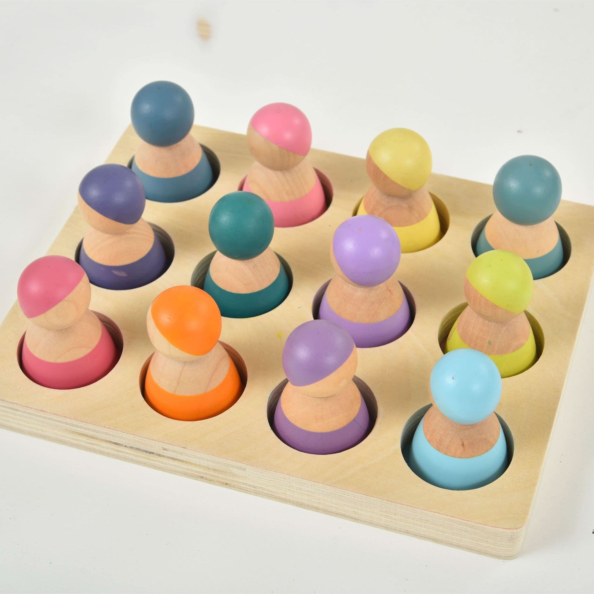 Wooden Rainbow Peg Dolls Figures 12 Piece Set