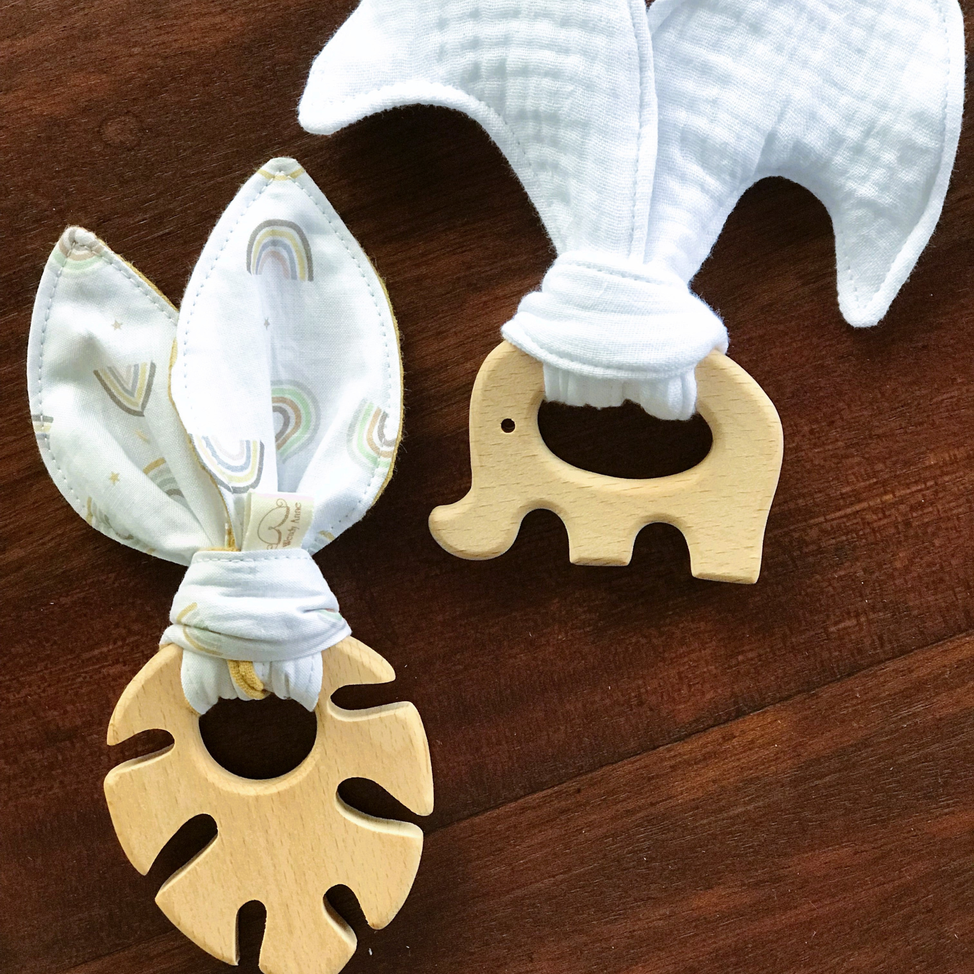 Baby Beech Wood Teether with Organic Cotton Fabric Tie