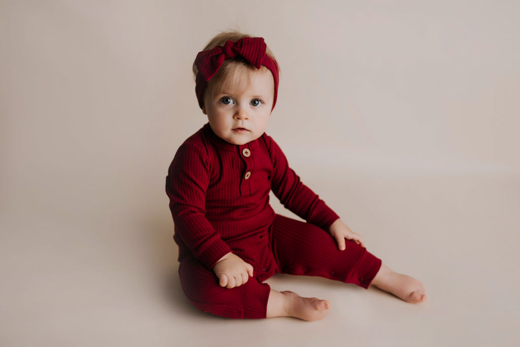Ruby Red Baby Ribbed Playsuit with pockets