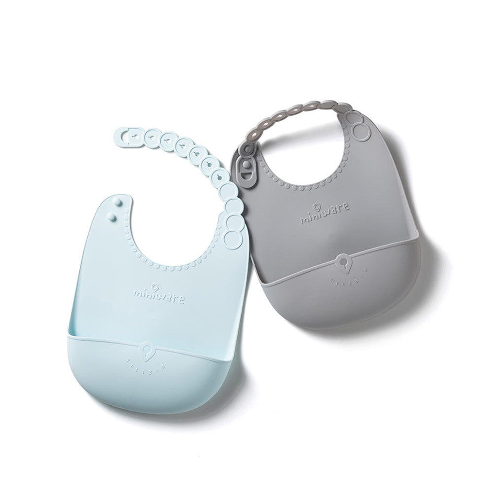 Roll & Lock Silicone Bib 2-pack - Aqua + Dove Grey