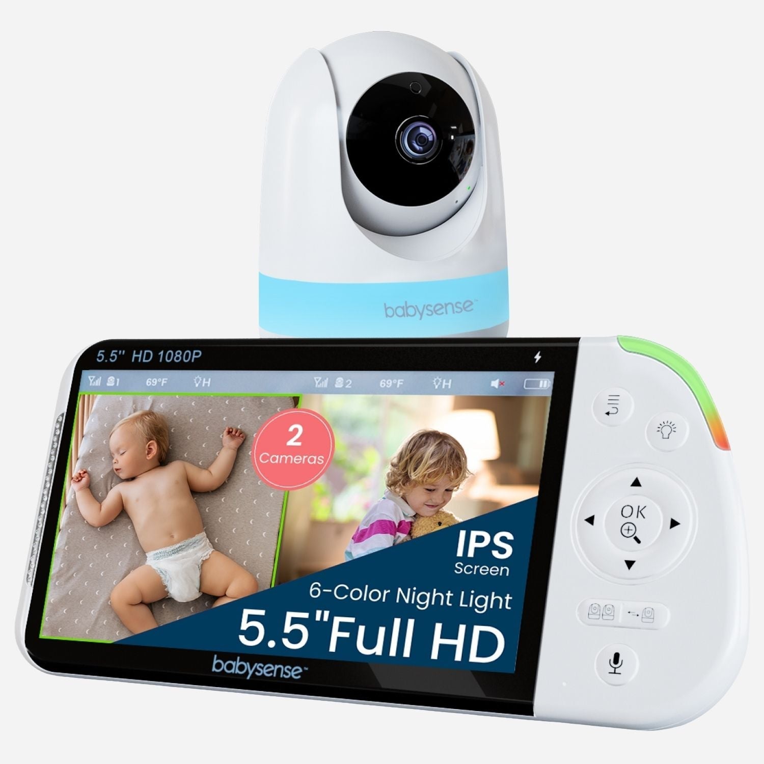Video Baby Monitor with 2 Cameras (Non Wifi, Split Screen, Night Light & Sound Machine)