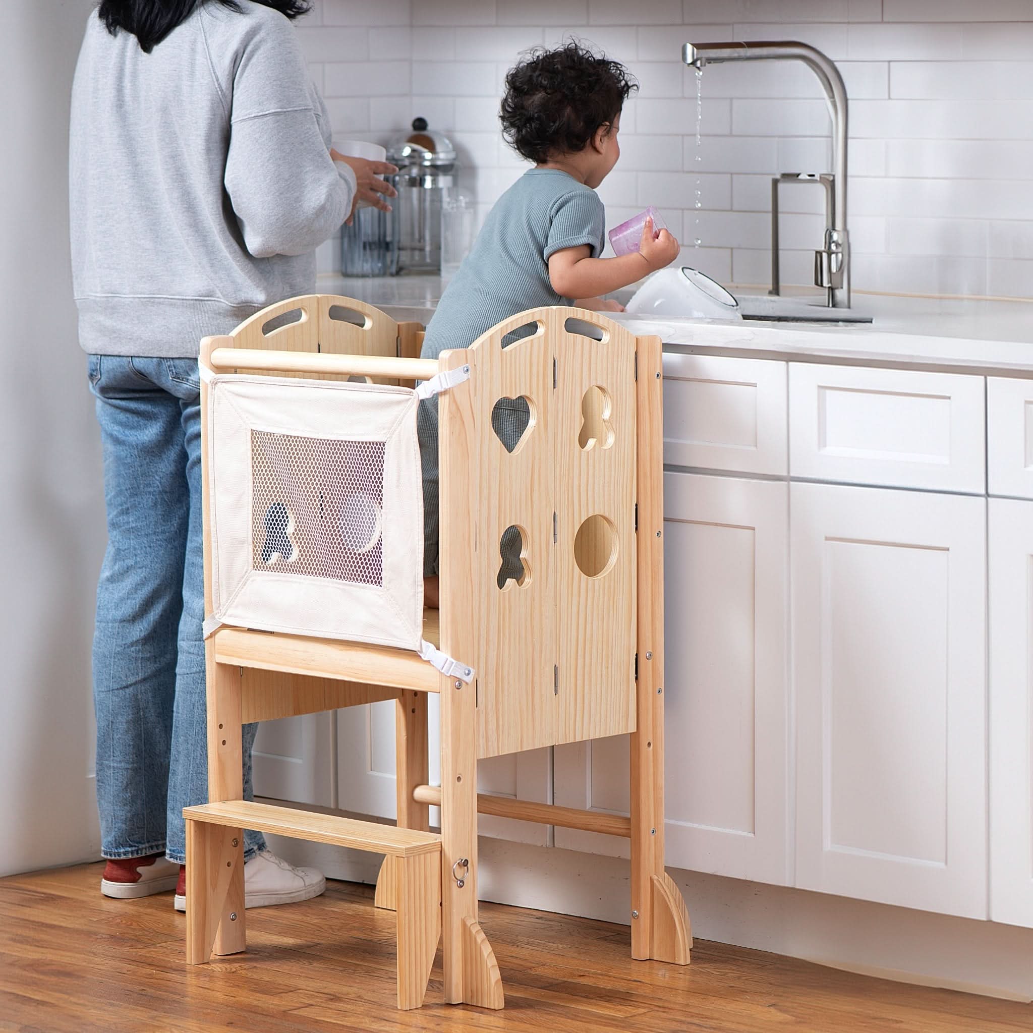 4-in-1 Foldable Kitchen Tower, Step Stool, Slide & Chalkboard for Toddlers