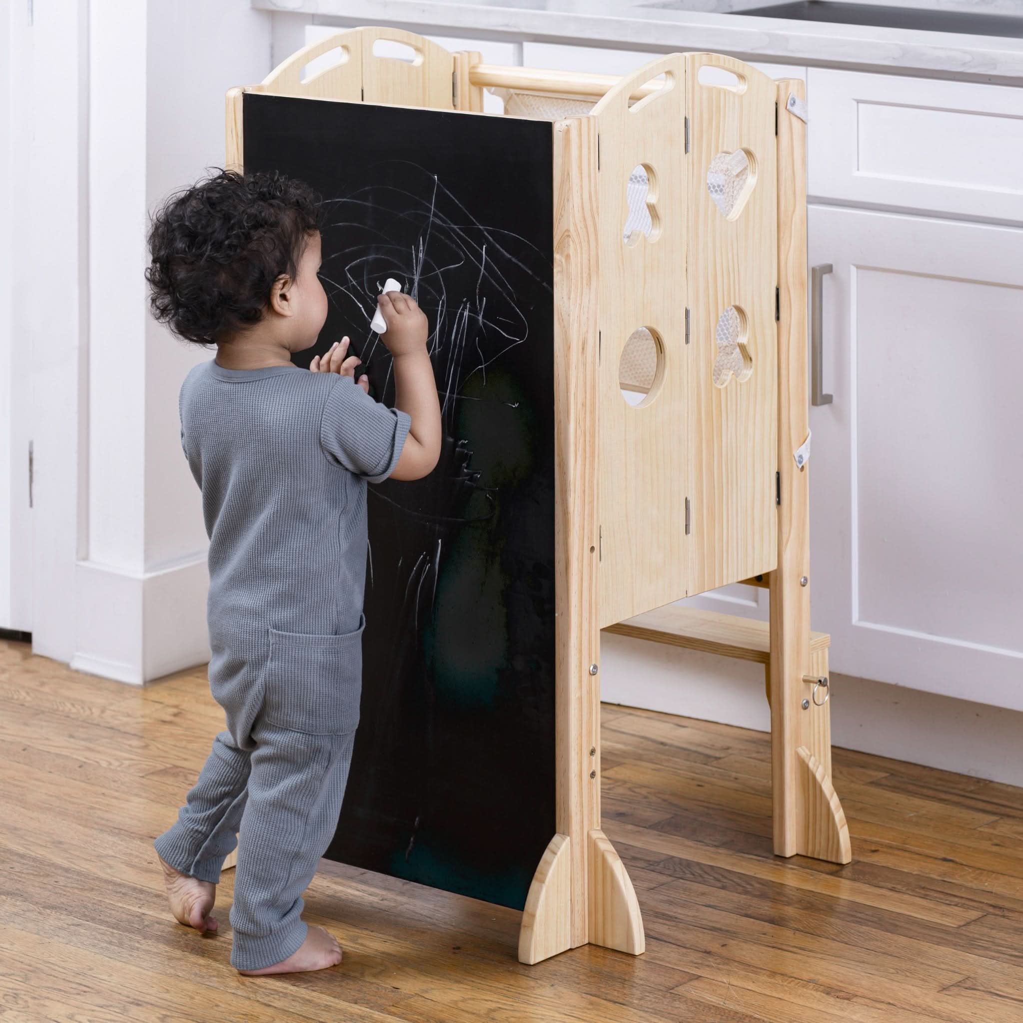 4-in-1 Foldable Kitchen Tower, Step Stool, Slide & Chalkboard for Toddlers