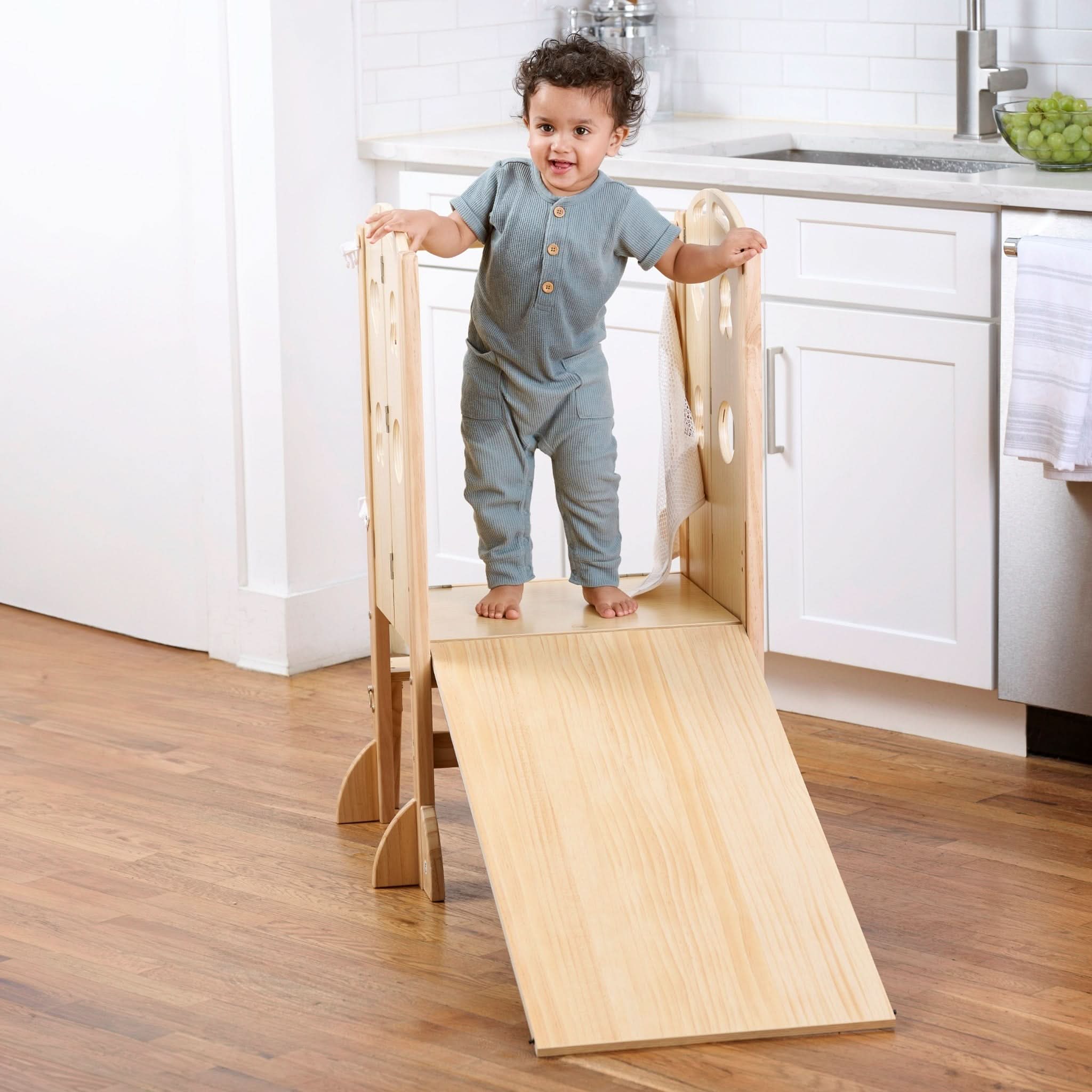 4-in-1 Foldable Kitchen Tower, Step Stool, Slide & Chalkboard for Toddlers