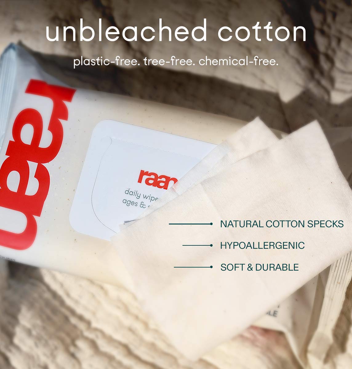 The Only Unbleached 100% Cotton Baby Wipe for Sensitive Skin, 60ct per pack