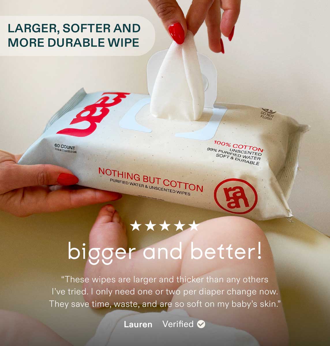 The Only Unbleached 100% Cotton Baby Wipe for Sensitive Skin, 60ct per pack